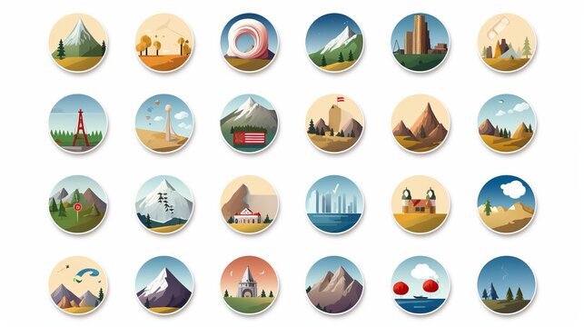 A collection of circular icons each depicting a different travel and nature theme with beautiful scenes
