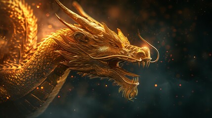 A close-up side profile of an intricate golden dragon with a focus on its detailed scales and horns - Powered by Adobe