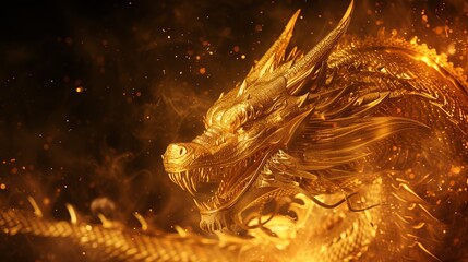 A spiraling golden dragon with intricate designs showcasing its scales, horns, and artful pose