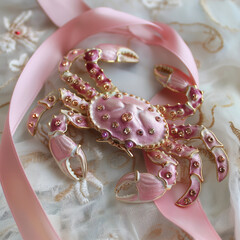 乳がん啓蒙運動のシンボル・ピンクリボンとピンクの蟹のブローチ