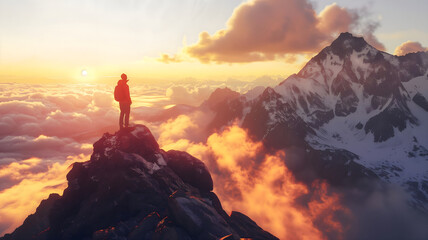 beautiful mountain landscape scenery, hiker on top of cliff at sunset, success and freedom concept,...
