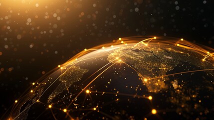 A digital composite image representing global connectivity with golden lit network nodes over a night-time Earth - Powered by Adobe
