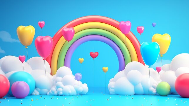 A vibrant and cheerful image featuring a rainbow, heart-shaped balloons, and fluffy white clouds on a blue backdrop