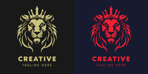 Lion in crown logotype template. Royal brand identity logo. Two color option. Vector EPS