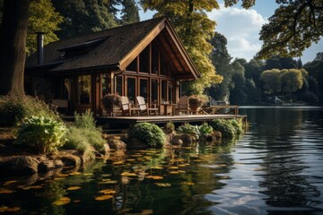 Fototapeta na wymiar A wooden cabin sits by a lake, surrounded by trees in a natural landscape