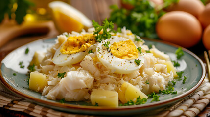 Appetizing boiled egg on potato salad dish