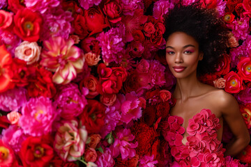 Black Woman Model in Dress in front of Wall with Red Flowers (Bouquet / Valentine Day / Wedding)