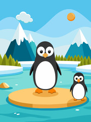 Obraz premium Cute cartoon penguins huddle together on an icy landscape with a calm blue ocean in the background.