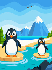 Obraz premium Penguins waddle and swim in a tranquil water landscape adorned with green hills and a blue sky.