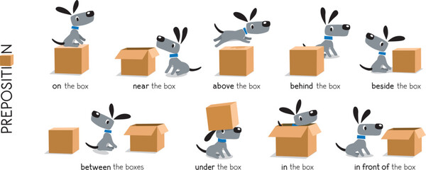 Preposition of place set. Dog and the boxes - 760130318