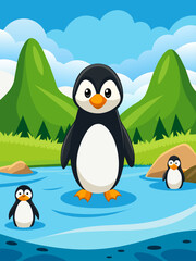 Naklejka premium Penguins stand on the shore of a calm, clear lake against a backdrop of mountains.