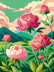 A peaceful and serene vector landscape background with blooming peonies in the foreground.