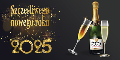 karta lub baner z życzeniami szczęśliwego nowego roku 2025 w kolorze złotym z brokatem dookoła na gradientowym czarnym tle, a z boku butelka musującego alkoholu i dwa flety