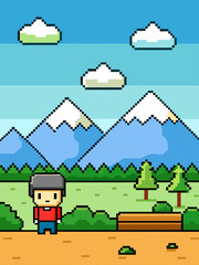 A serene landscape with towering mountains, rolling hills, and a vibrant sky, depicted in intricate pixel art.