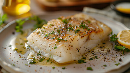 Grilled cod fish with lemon and herbs on plate