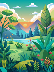 Fototapeta na wymiar Nature-themed vector illustration featuring lush greenery and a serene outdoor setting.