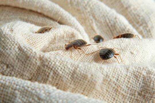 Closeup image of bed bugs crawling on a white cloth. Increasing issue of insect invasions and infestations in Europe. The image highlights the need for effective pest control measures.