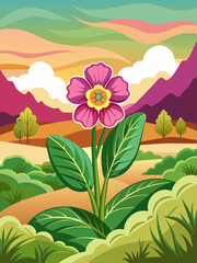 Primrose flowers bloom amidst a vibrant green landscape, creating a serene and picturesque scene.
