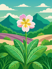 Fototapeta na wymiar Primrose flowers bloom in a lush green landscape under a clear blue sky.