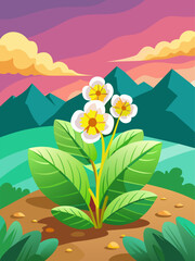 Fototapeta na wymiar Primrose flowers bloom amidst a vibrant green landscape, creating a serene and picturesque scene.