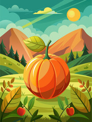 Serene landscape featuring an array of pumpkins against a backdrop of rolling hills and vibrant foliage.