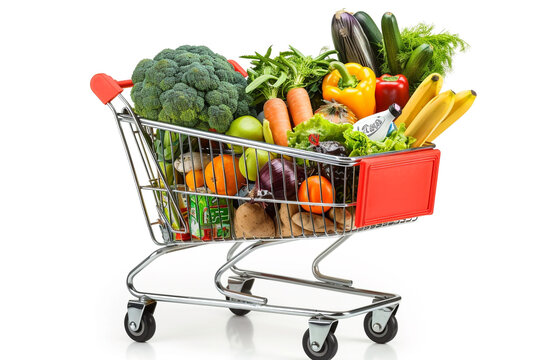A shopping cart full with various vegetables isolated on white background