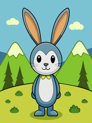 A rabbit hops along a verdant meadow under a clear blue sky.