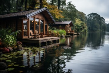 Fototapeta na wymiar Wooden house on dock by lake surrounded by trees, water, and natural landscape