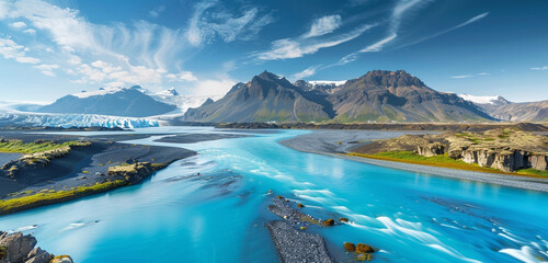 Abstract background of bright blue river flowing near mountains and glacier in Iceland - obrazy, fototapety, plakaty