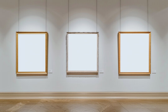 3 blank hanging individual frames in an art gallery museum exhibition template