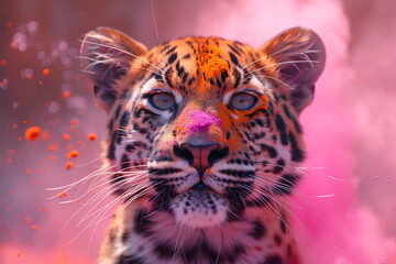 A leopard up close against a pink backdrop, part of the Holi Festival of Colors in India