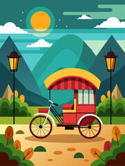 This rickshaw vector image is a landscape background with a city skyline in the distance.