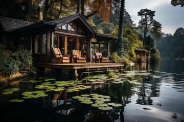 Fototapeta na wymiar Small house on dock by lake with trees, water, natural landscape