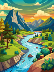 A picturesque vector landscape showcasing a meandering river amidst rolling hills and a serene sky.
