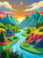Obraz premium Rivers gracefully meander through a tranquil vector landscape against a vibrant, serene backdrop.