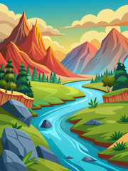 Rivers gracefully meander through a tranquil vector landscape against a vibrant, serene backdrop.