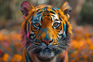 A close-up view of a Bengal tigers face with colorful flowers in the background during the Holi Festival of Colors parade