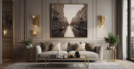 Obraz premium Transform your living room decor with a poster frame mockup against a backdrop of luxurious apartment design. Contemporary style. 3D render