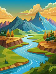 River vector landscape background depicts a serene river flowing through a lush green valley.