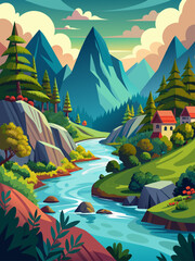 Rivers gracefully meander through a tranquil vector landscape against a vibrant, serene backdrop.