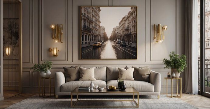 Transform your living room decor with a poster frame mockup against a backdrop of luxurious apartment design. Contemporary style. 3D render