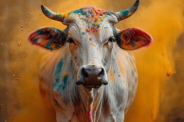 White cow with vibrant paint on face, celebrating Holi Festival of Colors