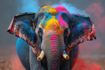 An elephant in India with vibrant paint on its face, part of the Holi Festival of Colors