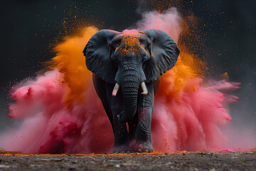 An elephant stands amidst a vibrant cloud of dust at the Holi Festival of Colors