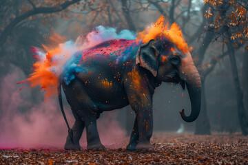 Elephant participating in Holi Festival, powder explosion on its back - obrazy, fototapety, plakaty