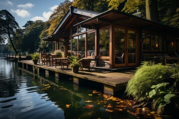 Fototapeta na wymiar House on dock by water, trees, clouds in sky, natural landscape