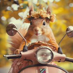 squirrel on vintage motorcycle in the park