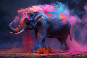 Full-length elephant covered in colored powder on a dark background for Holi Festival celebration in India - obrazy, fototapety, plakaty