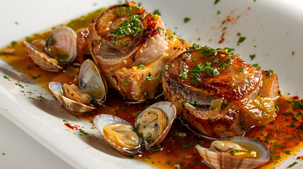 Seared scallops with clams on a plate