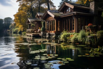 House facade above lake with water lilies, surrounded by natural landscape - obrazy, fototapety, plakaty